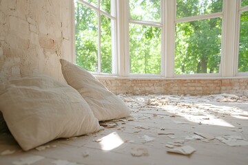 Renovation project indoor with cushions, peeling paint and sunlight through window