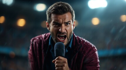 Sports reporter delivers a passionate live update during an intense game in a stadium at night