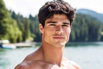 Handsome Adult Male Posing Shirtless by Lake Surrounded by Lush Green Forest