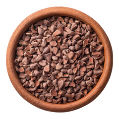 Fototapeta premium A rustic clay bowl filled with delicious chocolate chips isolated on transparent background