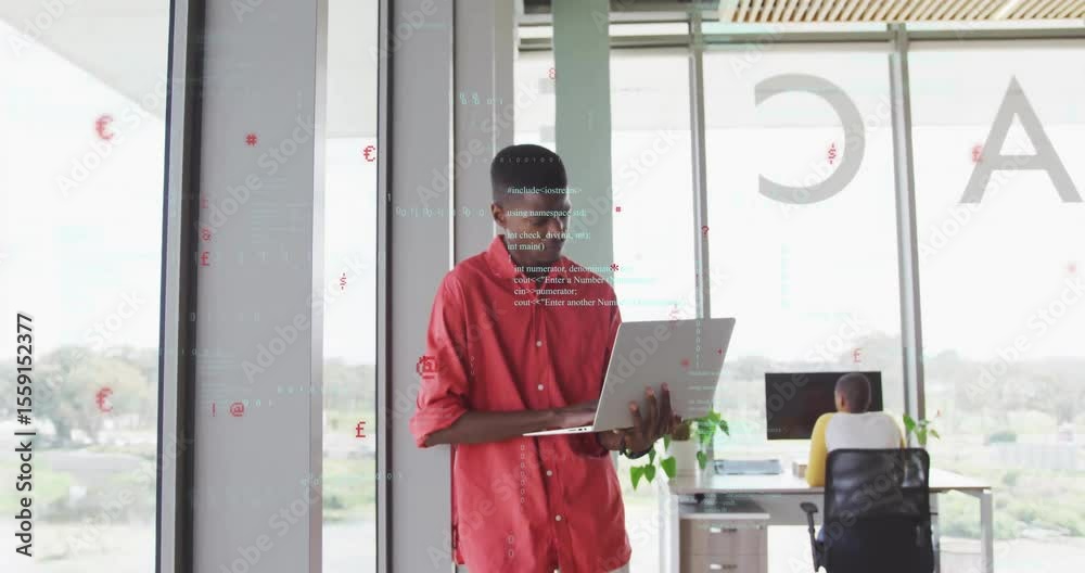 Poster developer using laptop starting coding with floating $ signs tracking progress in tech office