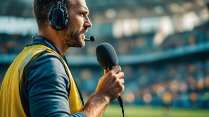 Male sports journalist reporting from stadium during live event, microphone in hand, focused on the action ahead
