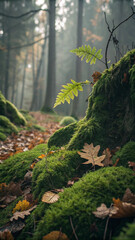 Verdant mossy forest floor with fallen leaves fern
