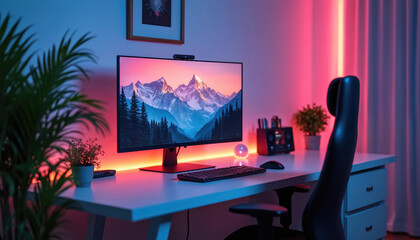 Modern home office setup. Black chair, large monitor, keyboard on white desk. Mountain landscape on the screen. Ambient pink and blue light. Contemporary workplace for remote work or gaming.