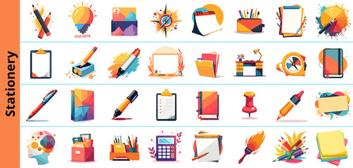 Fototapeta premium Collection of colorful stationery images on white background
