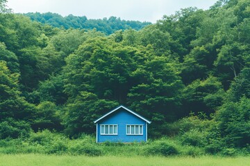 Serene blue cottage nestled amidst vibrant green forest, tranquil scene with meadow