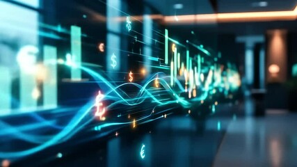 Digital financial data visualization with currency symbols and glowing lines, inside modern office. - Powered by Adobe