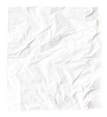 Crumpled white paper napkin isolated on transparent background. Closeup of a textured, wrinkled tissue sheet, perfect for use in design mockups, packaging templates, or background textures.