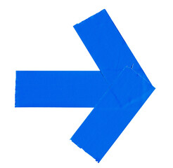 Blue adhesive sticky duct tapes in right pointing arrow shape isolated cutout in transparent background. Concept of navigation, direction symbol for path guide sign.