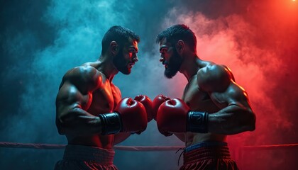 Muscular boxers face off ring dramatic smoke light. Confrontation, red blue neon colors, power strength. Intense fight, challenge, passion. Male athletes, sport competition, energy, grit,