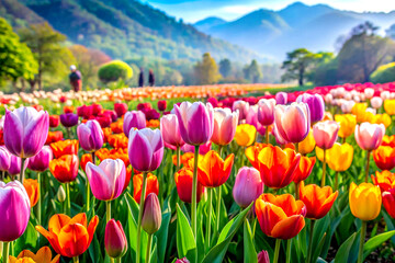 Vibrant Tulip Blooms Brightening a Snowy Winter Landscape, Generative AI