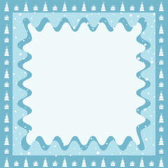 Christmas Square Frame. Winter Border. Snow, Houses, Fir Trees, Waves. Free Space for Your Text. Holiday Greeting Card, Banner, Invitation Template. Vector Illustration in Light Blue, White