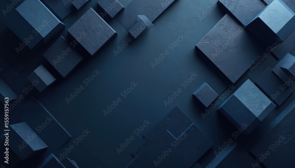 Fototapete abstract dark blue 3d rendering. geometric shapes in form of cubes, triangles against textured backg