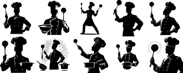 set of ten silhouette of a chef in tall hat holding ladle, clean and bold outline