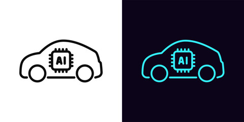 Outline AI car icon, with editable stroke. Electric SUV car with AI algorithms, artificial intelligence driving control system. Smart auto with autopilot system, automatic vehicle, robotaxi. Vector