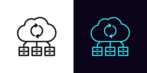 Outline cloud server icon, with editable stroke. Cloud infrastructure icon for secure data storage, digital space. Cloud computing technology, file datacenter, database update, data backup. Vector