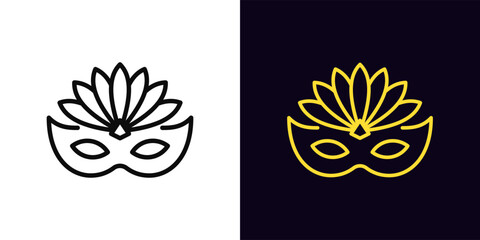 Outline carnival mask icon, with editable stroke. Carnival mask with feather decoration, Mardi Gras celebration. Brazil carnival, Venice masquerade, festival mask, festive face decoration. Vector icon