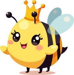 Cute Cartoon Queen Bee with Crown and Wings – Kawaii Flying Insect Character for Kids and Designs