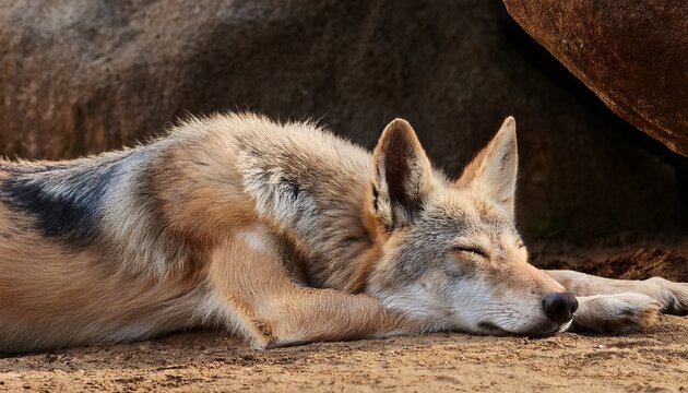 tired coywolf resting sprawled out on dusty ground near a large gray stone its light fur with dark specks blending with the surroundings a peaceful moment of wildlife