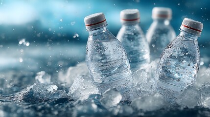 Plastic water bottles cooling on ice with water splashing