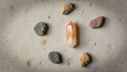 Crystal arrangement featuring a central orange quartz surrounded by various natural stones on a textured surface, creating a harmonious and calming atmosphere for wellness and meditation