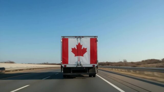 Truck driving on highway with Canadian flag on rear in daytime  