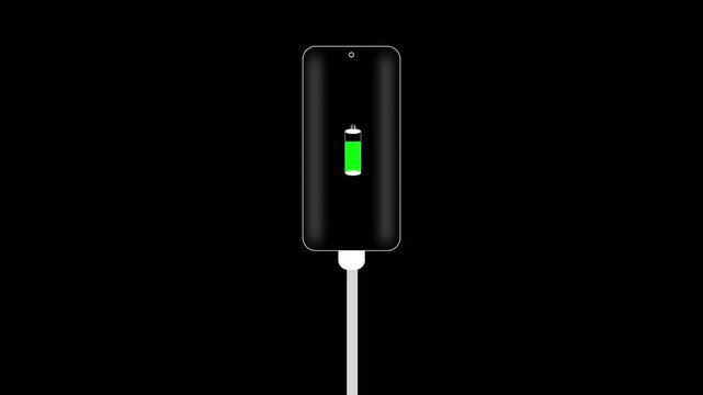 mobile smart phone charging battery on wooden desk. Plug in the charger USB C. Charger device process. Animation of phone charging. Fast battery charging icon animation power full battery.