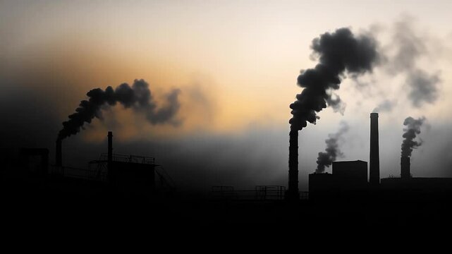 Industrial chimneys release dark smoke against the evening sky. Pollution, Climate change, Global warming.