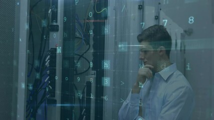 IT technician touching rack scanning code detecting malware firewall breach revealing cyberattack