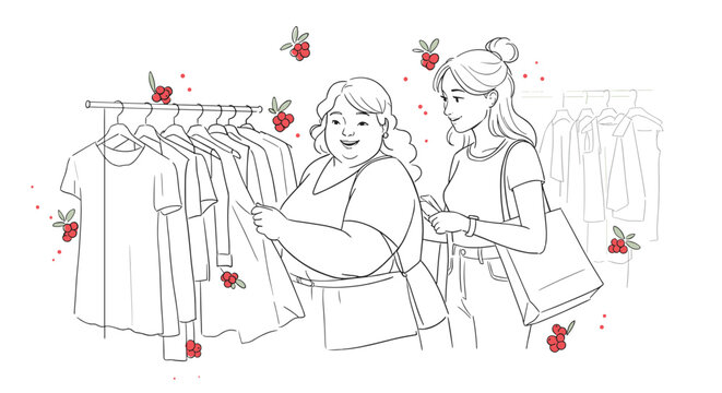 Curvy woman shopping with friend, inclusive fashion illustration for retail and lifestyle blogs