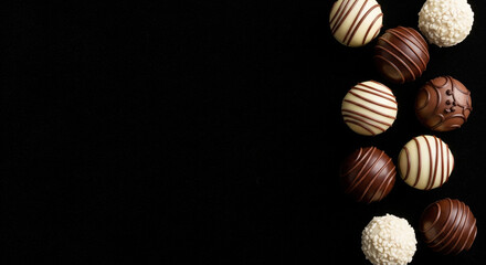 Dark and white chocolate truffles on black background