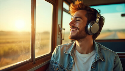 Happy young man on the bus listens music in headphones. He smiles enjoying travel, trip on road during vacation. Guy feels joy, freedom from the city routine.