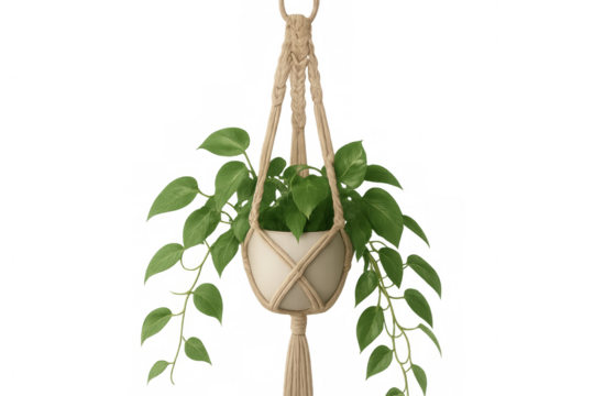 Lush green potted plant hanging from a decorative macrame hanger, isolated on a transparent background, perfect for interior design projects