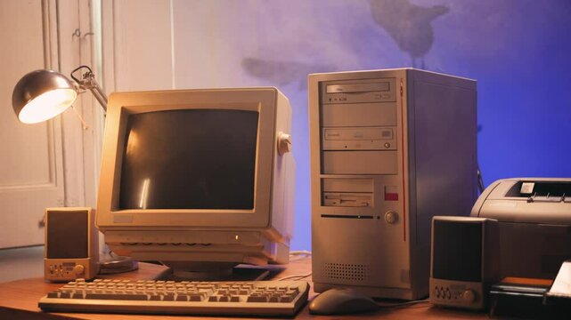 Retro pc computer gaming, Desktop vintage with loading code console, programmer making scripts, green basic screen, Old computer studio close-up, retro wave display, late 90s PC.