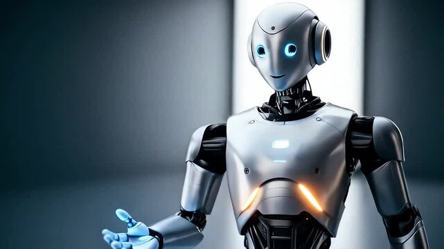A friendly humanoid robot stands poised, its glowing blue eyes and open hand suggesting interaction and assistance.