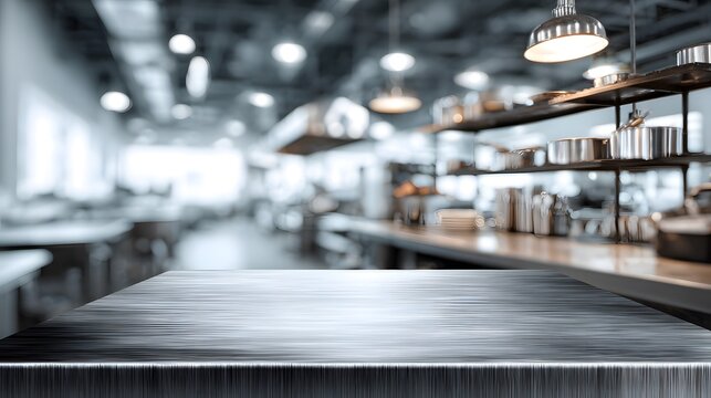 Modern stainless steel table with blurred professional kitchen background for product mockup .
