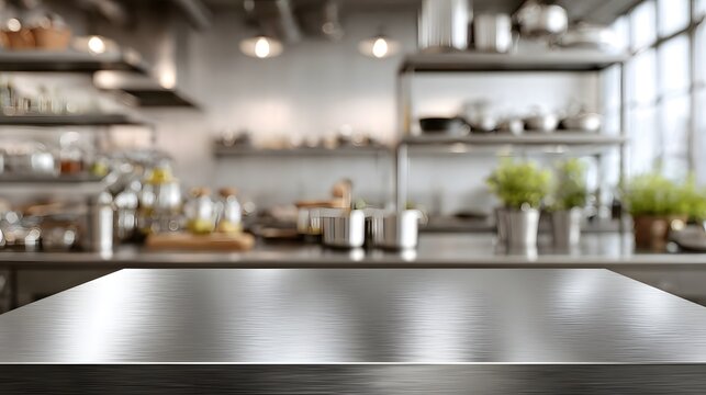 Modern stainless steel table with blurred professional kitchen background for product mockup .	