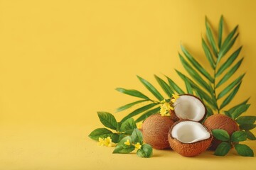 Coconuts on a Yellow Background with Tropical Decor