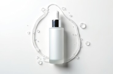 Liquid aqua serum cosmetic skincare product branding on white background. Cosmetic serum lotion dropper for beauty facial treatment, product demonstration. Droplets of water and gel near bottle.