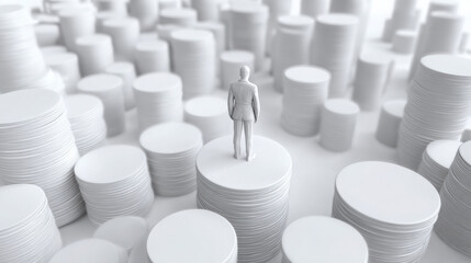 Fototapeta premium Abstract solitary figure: An executive figure stands on top of stacked round documents and forms. Surrounded by a sea of similar document stacks, this conceptual image suggests themes of overwhelm.