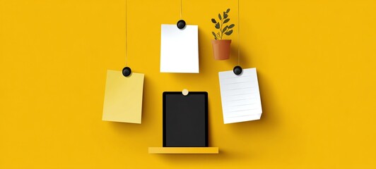 Colorful Notes and a Tablet on a Yellow Wall