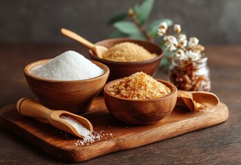 Different Types of Sugar in Wooden Bowls