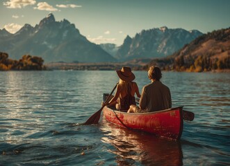 Couple canoeing on jenny lake at sunset with grand teton mountains in background