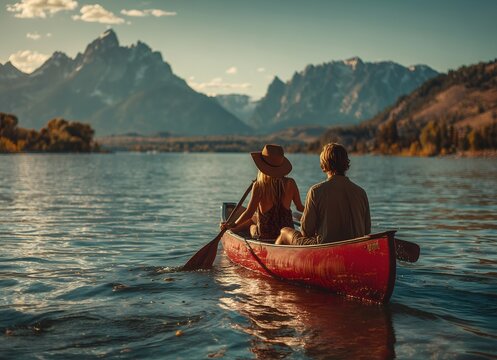 Couple canoeing on jenny lake at sunset with grand teton mountains in background