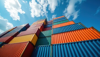 Colorful stacked shipping containers against a blue sky with clouds. Logistics, supply chain, cargo transportation, global trade, import, export, storage solutions, business, delivery concept.