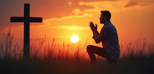 Man kneels prayer sunset. Silhouetted male figure worships wooden cross. Christian faith, spirituality concept. Evening sunlight, sky, outdoor scene depicts faith, hope, devotion, reverence, peace.