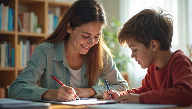 Tutor assisting student, K-12 grade. Woman helps boy with homework. Teacher explains exercise. Bookshelves in background. Education, teaching, learning, knowledge, home tuition, private lessons, - Powered by Adobe