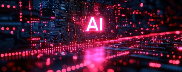 Neon AI icon in futuristic digital circuit design with glowing red technology