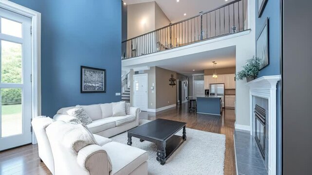 Interior view of living room with white sofas and dark coffee table in a modern house design