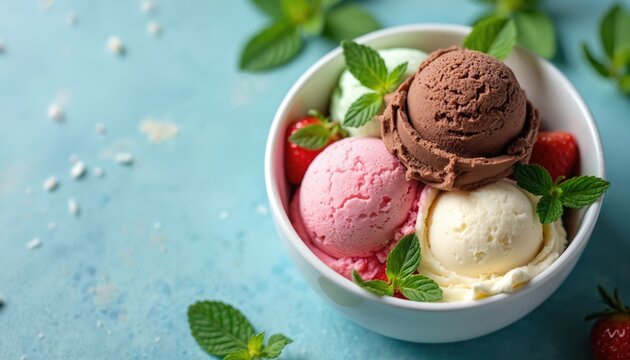 Delicious creamy ice cream with chocolate mint strawberry vanilla flavors. Bowl with scoops, mint leaves garnish, refreshing summer dessert. Sweet treat, cold refreshment, enjoyment for holidays. - Powered by Adobe